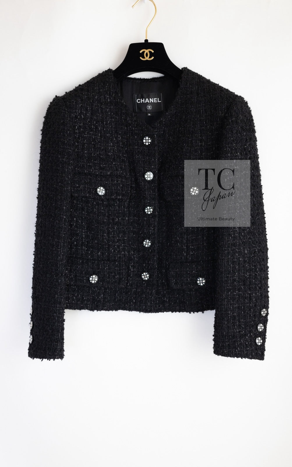 CHANEL 21A Black Coco Buttons Wool Cotton Tweed Jacket 38 シャネル ブラック ココボタン ウール コットン ノーカラー ツイード ジャケット 即発