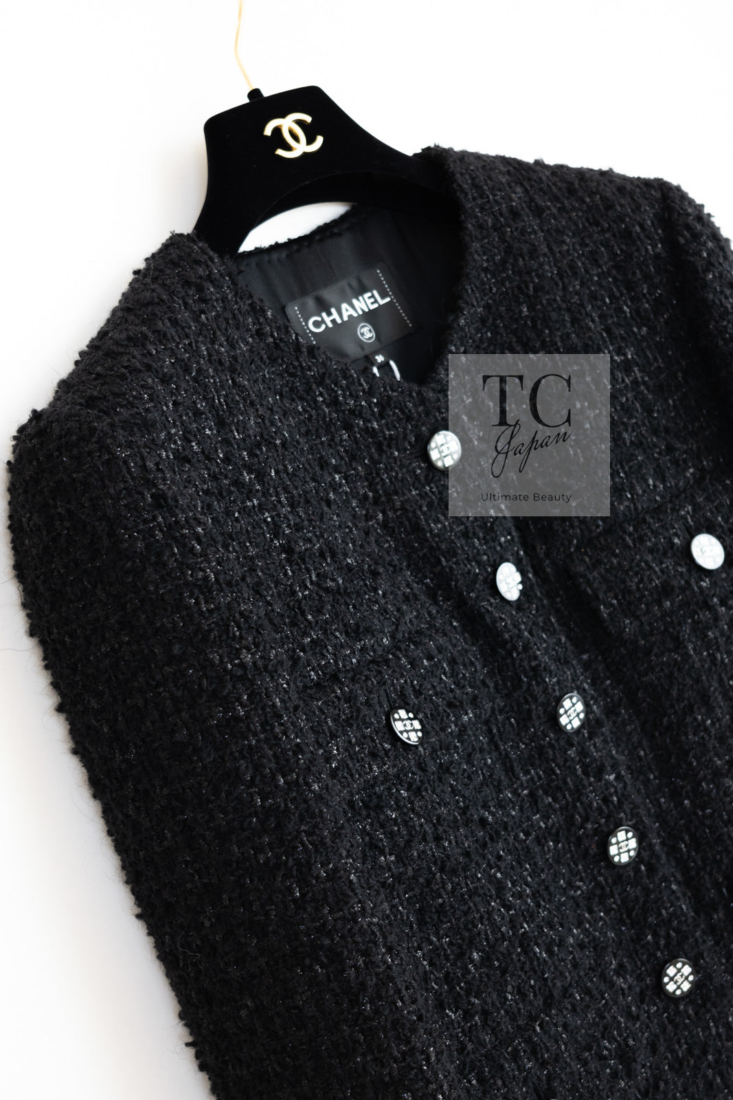 CHANEL 21A Black Coco Buttons Wool Cotton Tweed Jacket 38 シャネル ブラック ココボタン ウール コットン ノーカラー ツイード ジャケット 即発