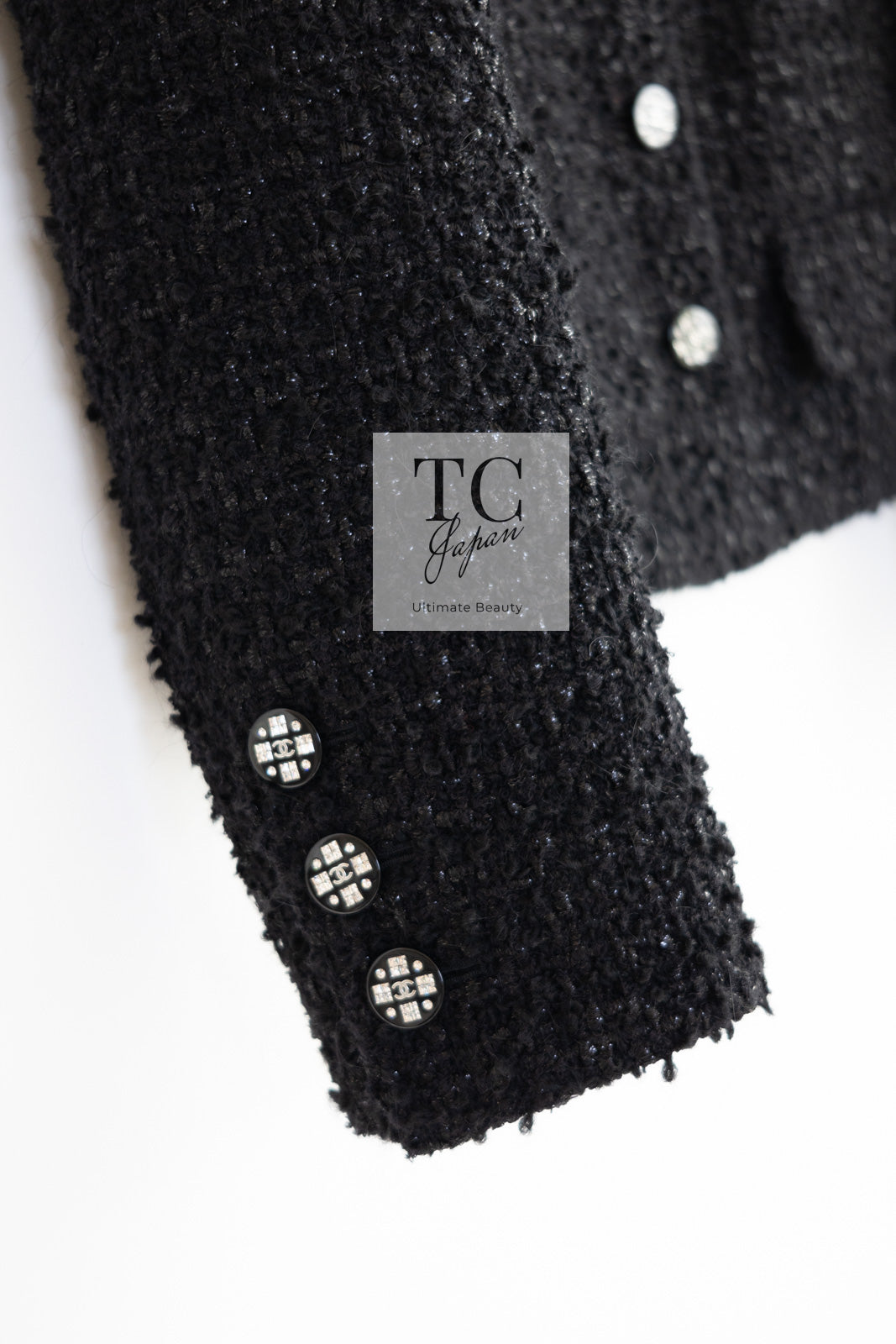 CHANEL 21A Black Coco Buttons Wool Cotton Tweed Jacket 38 シャネル ブラック ココボタン ウール コットン ノーカラー ツイード ジャケット 即発