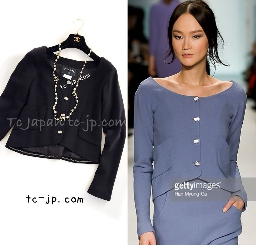 CHANEL 12C Black Round Neck Wool Rhinestone Buttons Jacket 36 38 シャネル ブラック ウール100% 襟なし ラインストーン ボタン ジャケット 即発