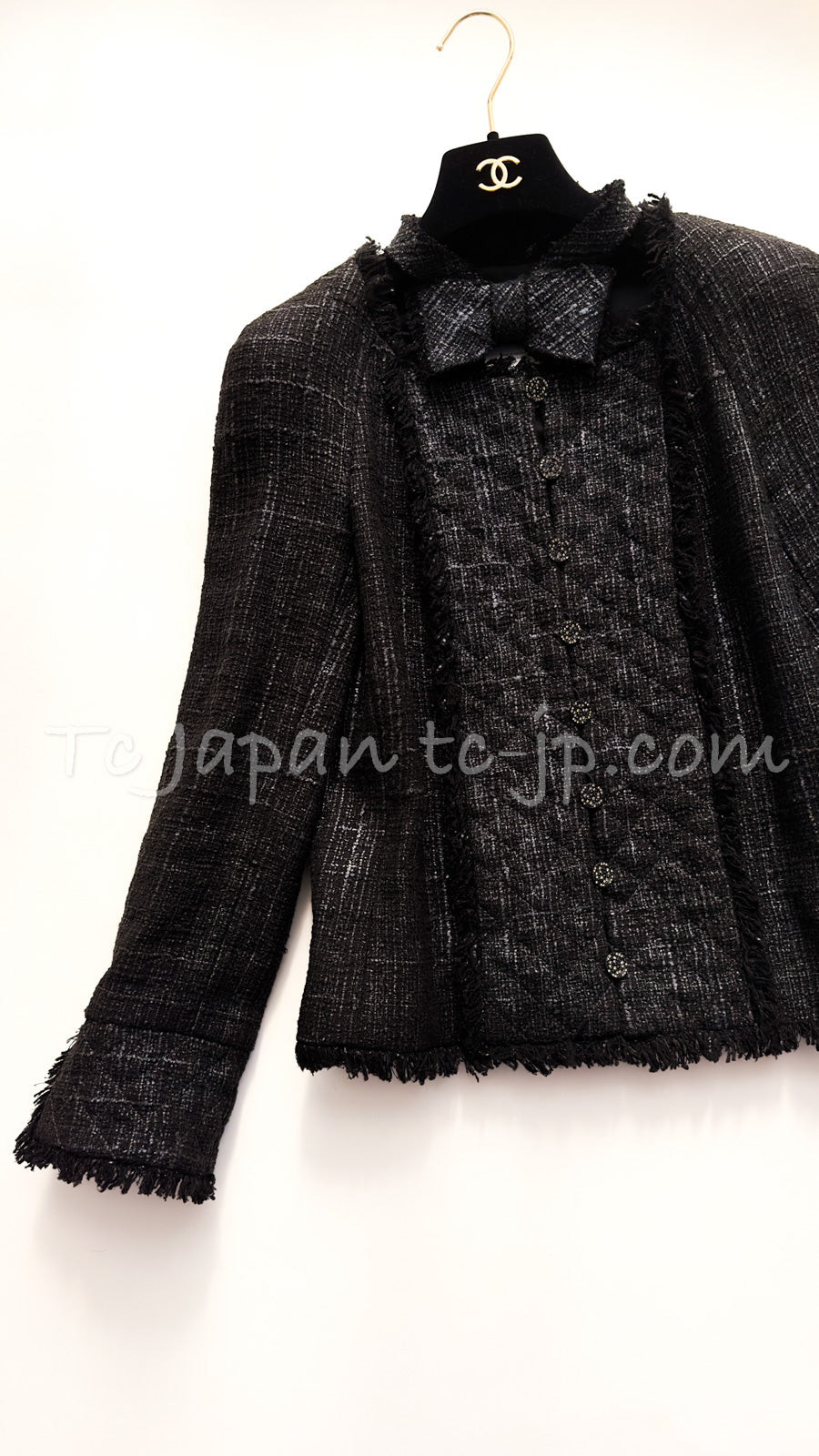 CHANEL 05PF Black Gary Fringe Trim Tweed Jacket 38 40 シャネル ブラック グレー フリンジトリム ツイード ジャケット 即発