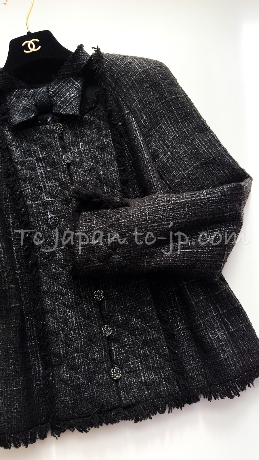 CHANEL 05PF Black Gary Fringe Trim Tweed Jacket 38 40 シャネル ブラック グレー フリンジトリム ツイード ジャケット 即発