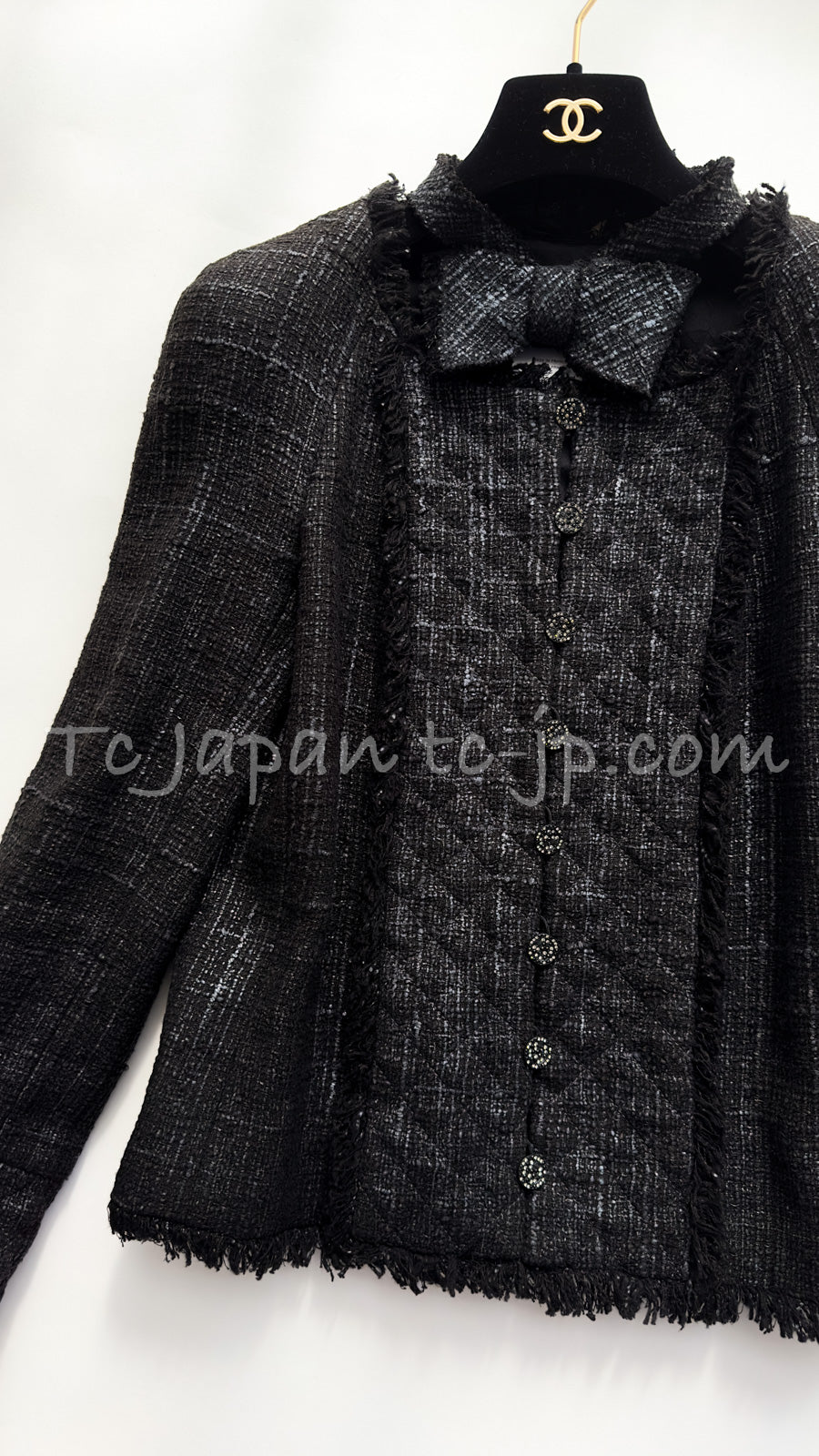 CHANEL 05PF Black Gary Fringe Trim Tweed Jacket 38 40 シャネル ブラック グレー フリンジトリム ツイード ジャケット 即発