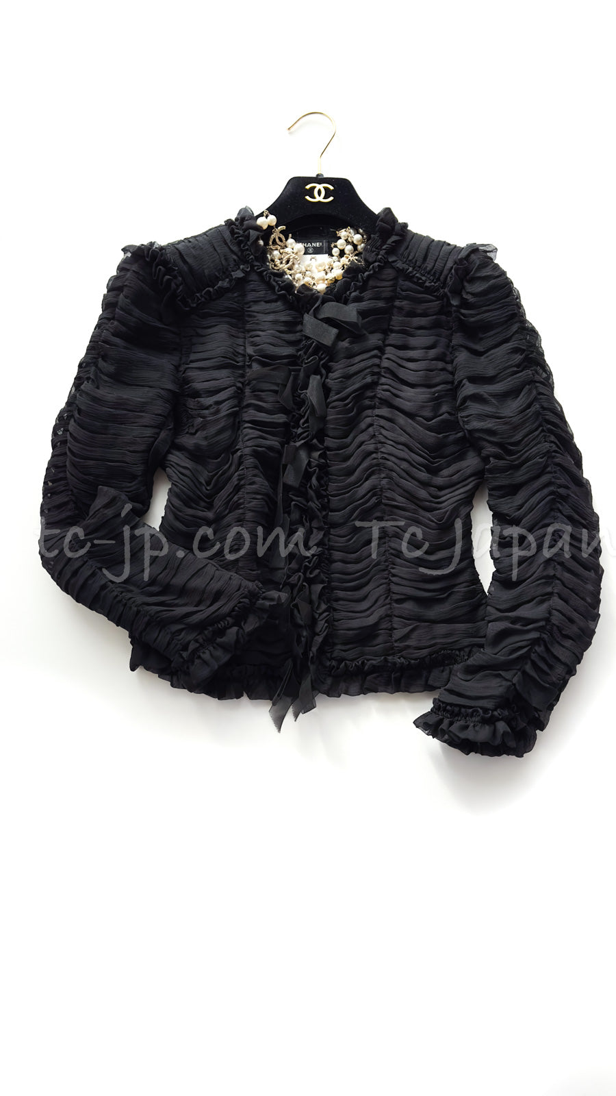 CHANEL 06A Black Ribbon Silk Penelope Cruz Cardigan Jacket Tops 38 40 44 シャネル ブラック リボン シルク ブラウス カーディガン ジャケット 即発