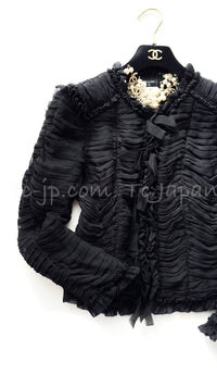 CHANEL 06A Black Ribbon Silk Penelope Cruz Cardigan Jacket Tops 38 40 44 シャネル ブラック リボン シルク ブラウス カーディガン ジャケット 即発