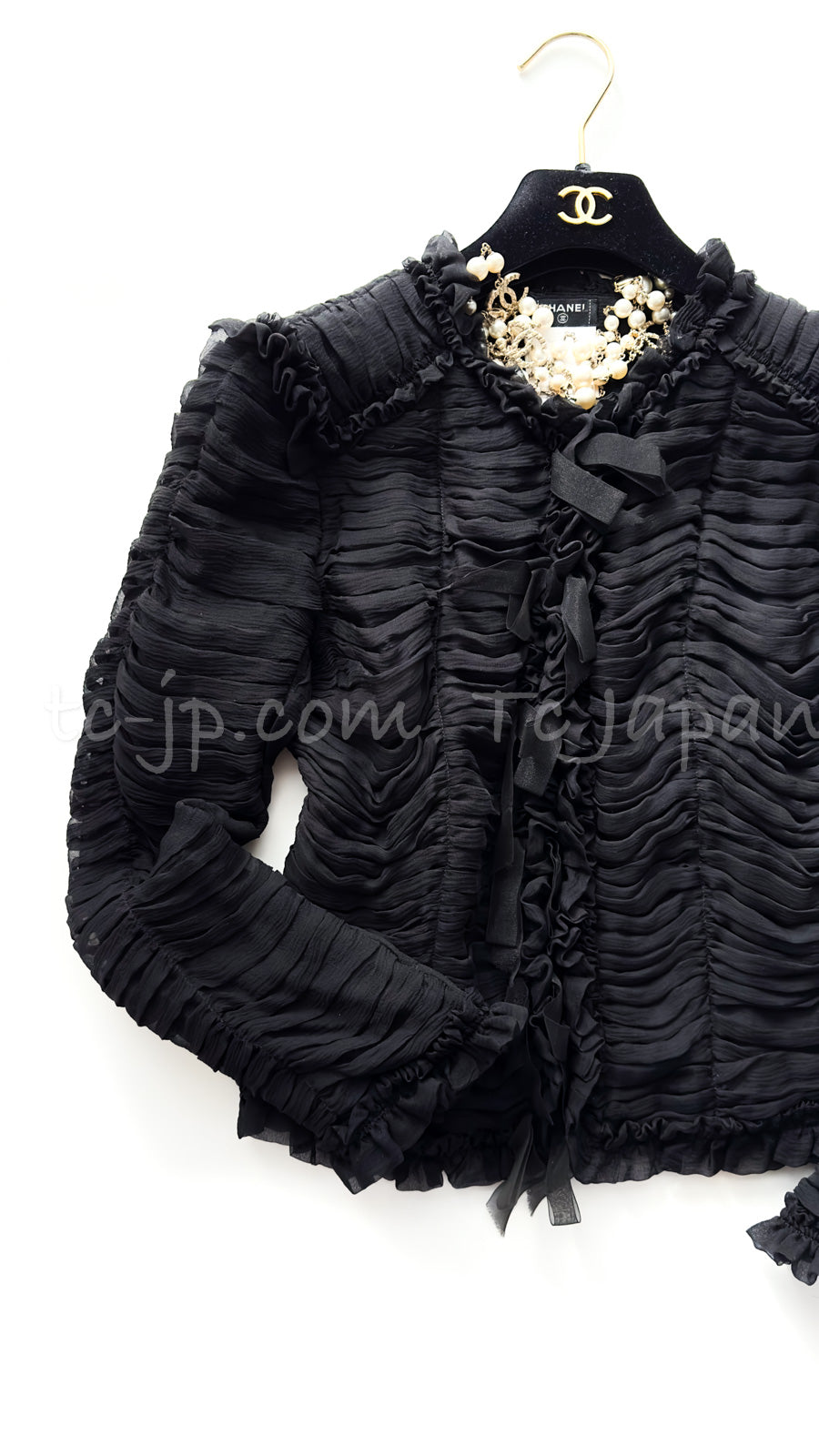 CHANEL 06A Black Ribbon Silk Penelope Cruz Cardigan Jacket Tops 38 40 44 シャネル ブラック リボン シルク ブラウス カーディガン ジャケット 即発