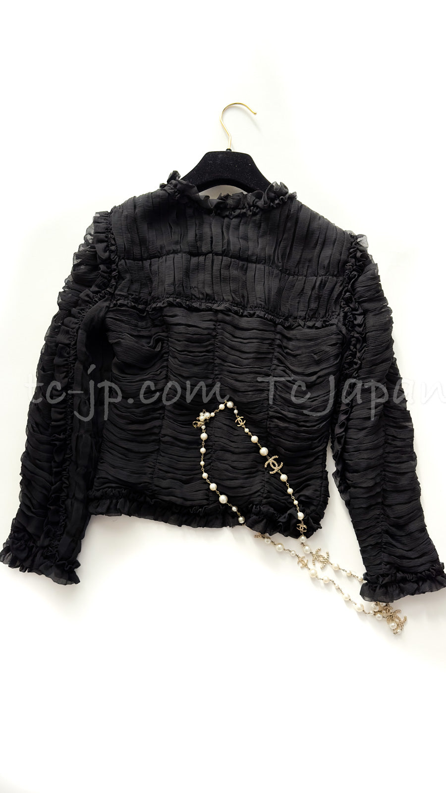 CHANEL 06A Black Ribbon Silk Penelope Cruz Cardigan Jacket Tops 38 40 44 シャネル ブラック リボン シルク ブラウス カーディガン ジャケット 即発