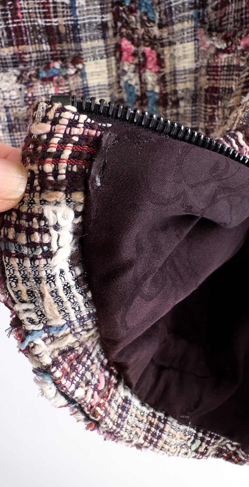 CHANEL 08C Beige Maroon Red Multicolor Tweed Skirt 36 シャネル ベージュ マルーン レッド マルチカラー キャンペーン広告作品 ツイード スカート 即発