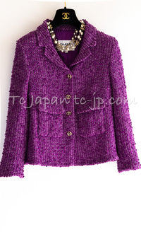 CHANEL 21C Purple Cotton Tweed Jacket CC Button 38 40 シャネル パープル コットン ツイード ジャケット CCボタン 即発
