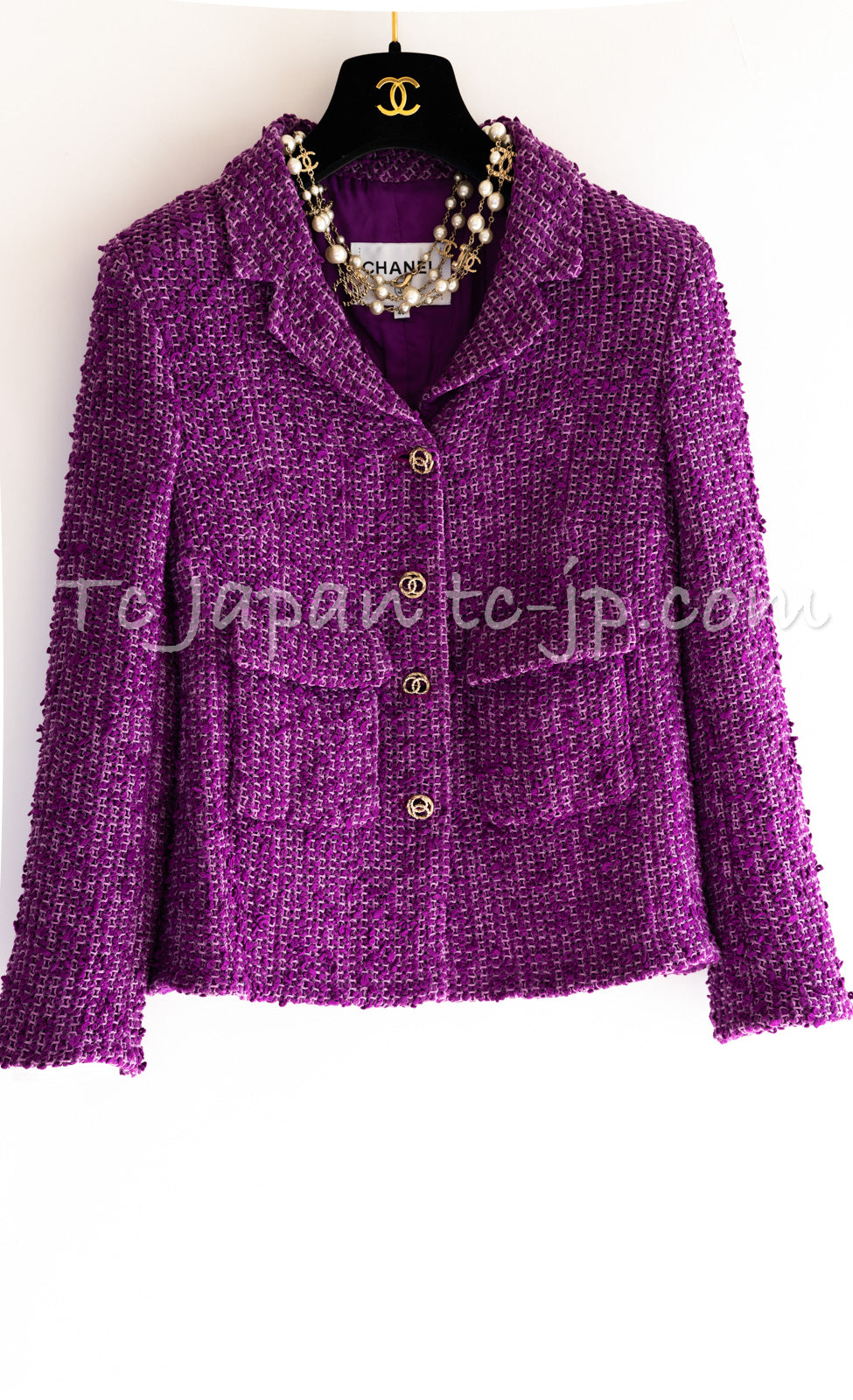 CHANEL 21C Purple Cotton Tweed Jacket CC Button 38 40 シャネル パープル コットン ツイード ジャケット CCボタン 即発