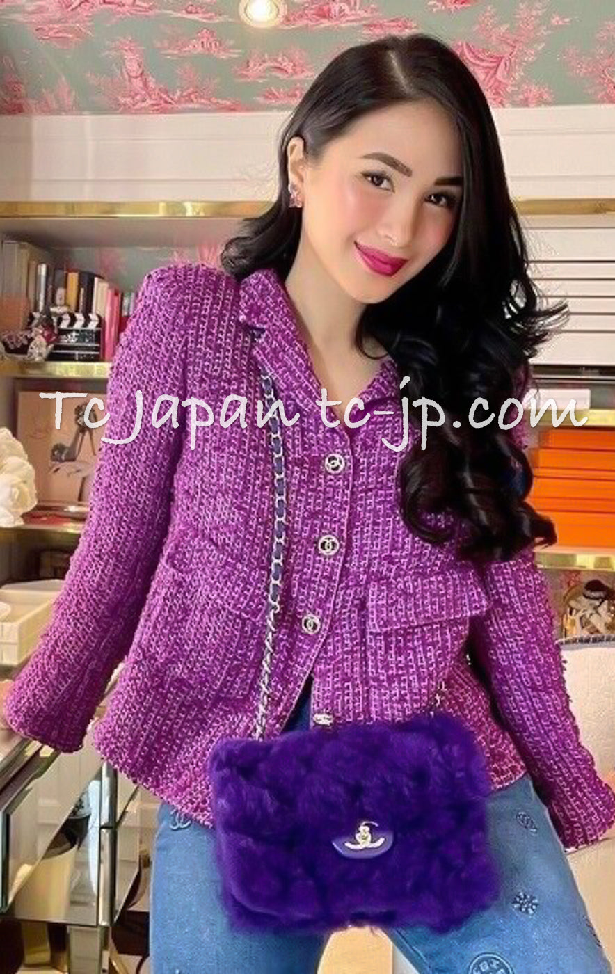 CHANEL 21C Purple Cotton Tweed Jacket CC Button 38 40 シャネル パープル コットン ツイード ジャケット CCボタン 即発