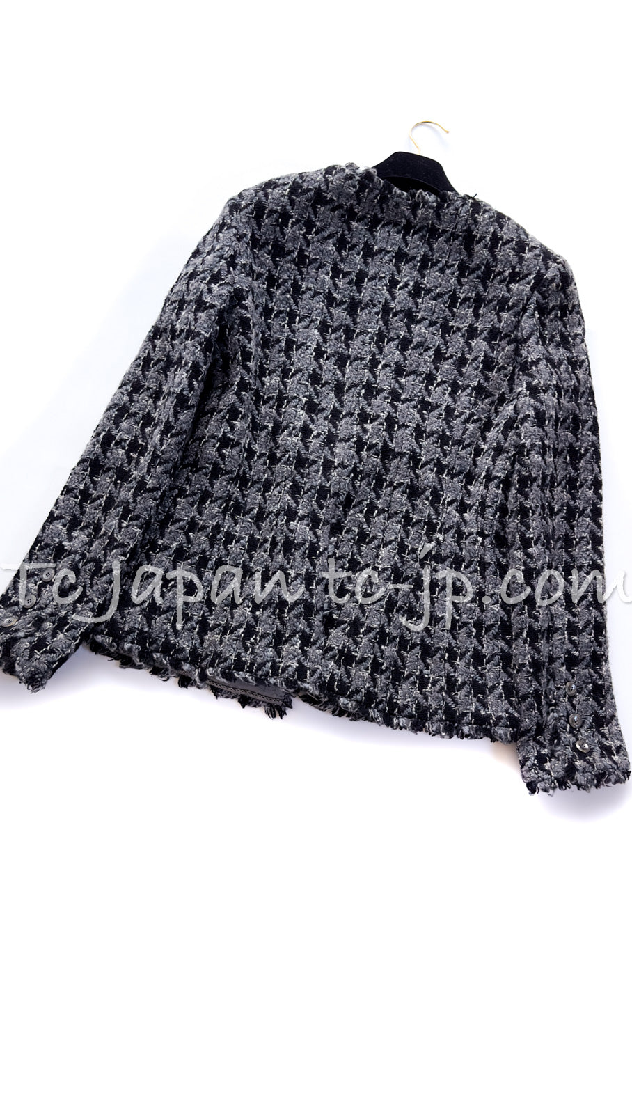 CHANEL 06A Gray Black Houndstooth Wool Silk Tweed Collarless Jacket 38 40 シャネル グレー ブラック 千鳥格子 ウール シルク ツイード ノーカラー ジャケット 即発