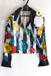 CHANEL 88S Vintage Black Bold Striped Camellia Print Cotton Runway Shirt Jacket 36 38 シャネル ヴィンテージ ブラック カラフル ストライプ カメリア コットン ランウェイ シャツ ジャケット 即発