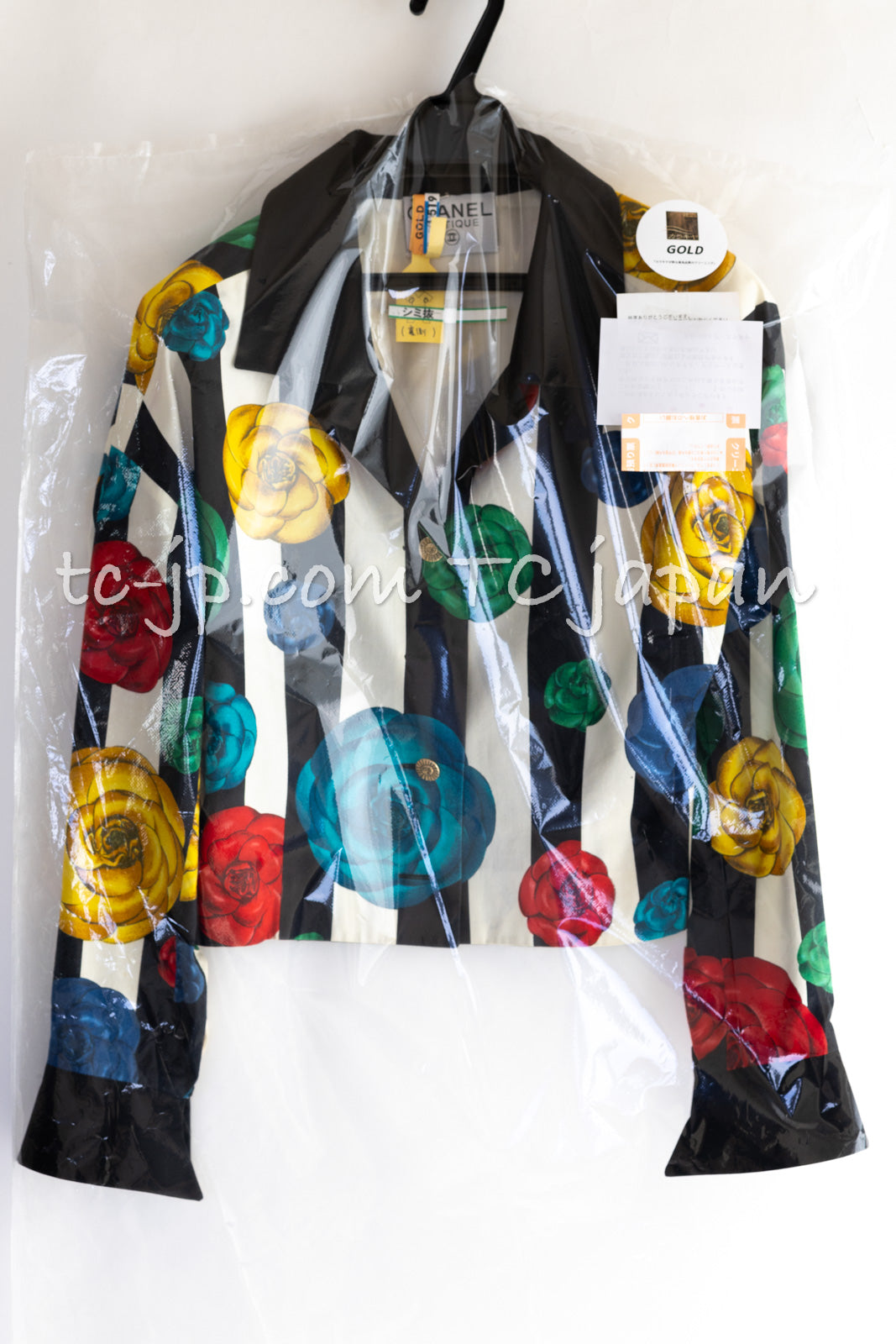 CHANEL 88S Vintage Black Bold Striped Camellia Print Cotton Runway Shirt Jacket 36 38 シャネル ヴィンテージ ブラック カラフル ストライプ カメリア コットン ランウェイ シャツ ジャケット 即発
