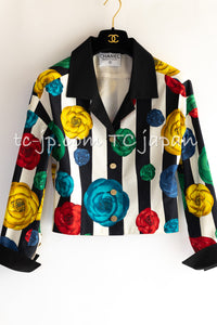 CHANEL 88S Vintage Black Bold Striped Camellia Print Cotton Runway Shirt Jacket 36 38 シャネル ヴィンテージ ブラック カラフル ストライプ カメリア コットン ランウェイ シャツ ジャケット 即発
