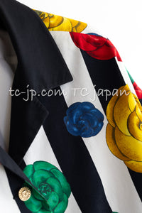 CHANEL 88S Vintage Black Bold Striped Camellia Print Cotton Runway Shirt Jacket 36 38 シャネル ヴィンテージ ブラック カラフル ストライプ カメリア コットン ランウェイ シャツ ジャケット 即発