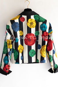 CHANEL 88S Vintage Black Bold Striped Camellia Print Cotton Runway Shirt Jacket 36 38 シャネル ヴィンテージ ブラック カラフル ストライプ カメリア コットン ランウェイ シャツ ジャケット 即発