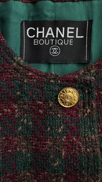 CHANEL 89A Vintage Wine Red Brown Green Wool Tweed Runway Jacket 42 44 シャネル ヴィンテージ ワインレッド ブラウン グリーン ツイード ジャケット 即発