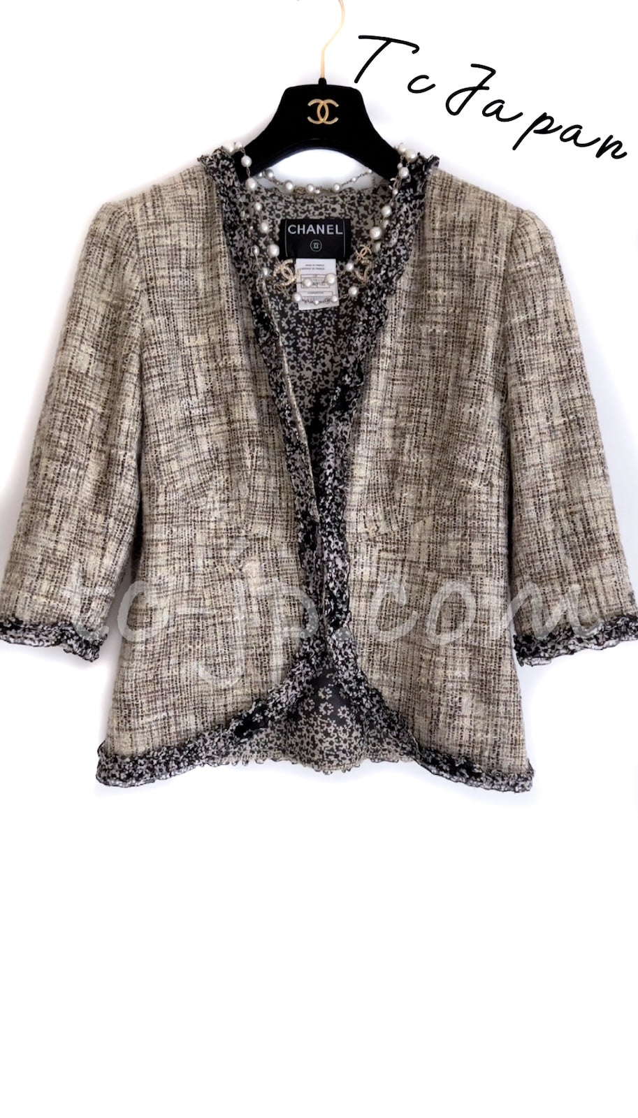 CHANEL 03S Beige Cotton Ruffled Floral Trim Tweed Jacket 36 38 シャネル ベージュ コットン ラッフル フローラルトリム ツイード ジャケット 即発
