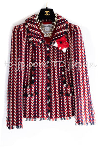 CHANEL 04A Red Navy Tricolore Wool Tweed Many CC Logo Trim Jacket 36 ④ シャネル レッド トリコロール ウール 限定版 コレクティブル ツイード ジャケット CCマーク多数 カメリアブローチ付 即発
