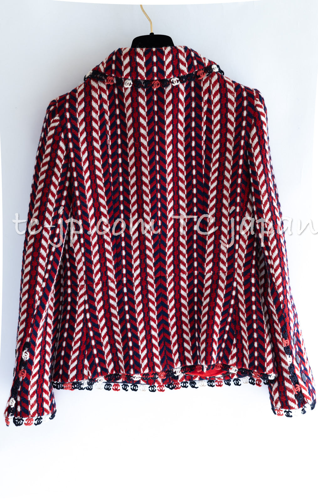 CHANEL 04A Red Navy Tricolore Wool Tweed Many CC Logo Trim Jacket 36 ④ シャネル レッド トリコロール ウール 限定版 コレクティブル ツイード ジャケット CCマーク多数 カメリアブローチ付 即発