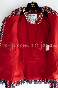 CHANEL 04A Red Navy Tricolore Wool Tweed Many CC Logo Trim Jacket 36 ④ シャネル レッド トリコロール ウール 限定版 コレクティブル ツイード ジャケット CCマーク多数 カメリアブローチ付 即発