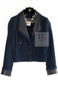 CHANEL 16S Navy Black Leather Trim Cotton Tweed Jacket 34 36 シャネル ネイビー ブラック レザー襟 コットン ツイード ジャケット 即発