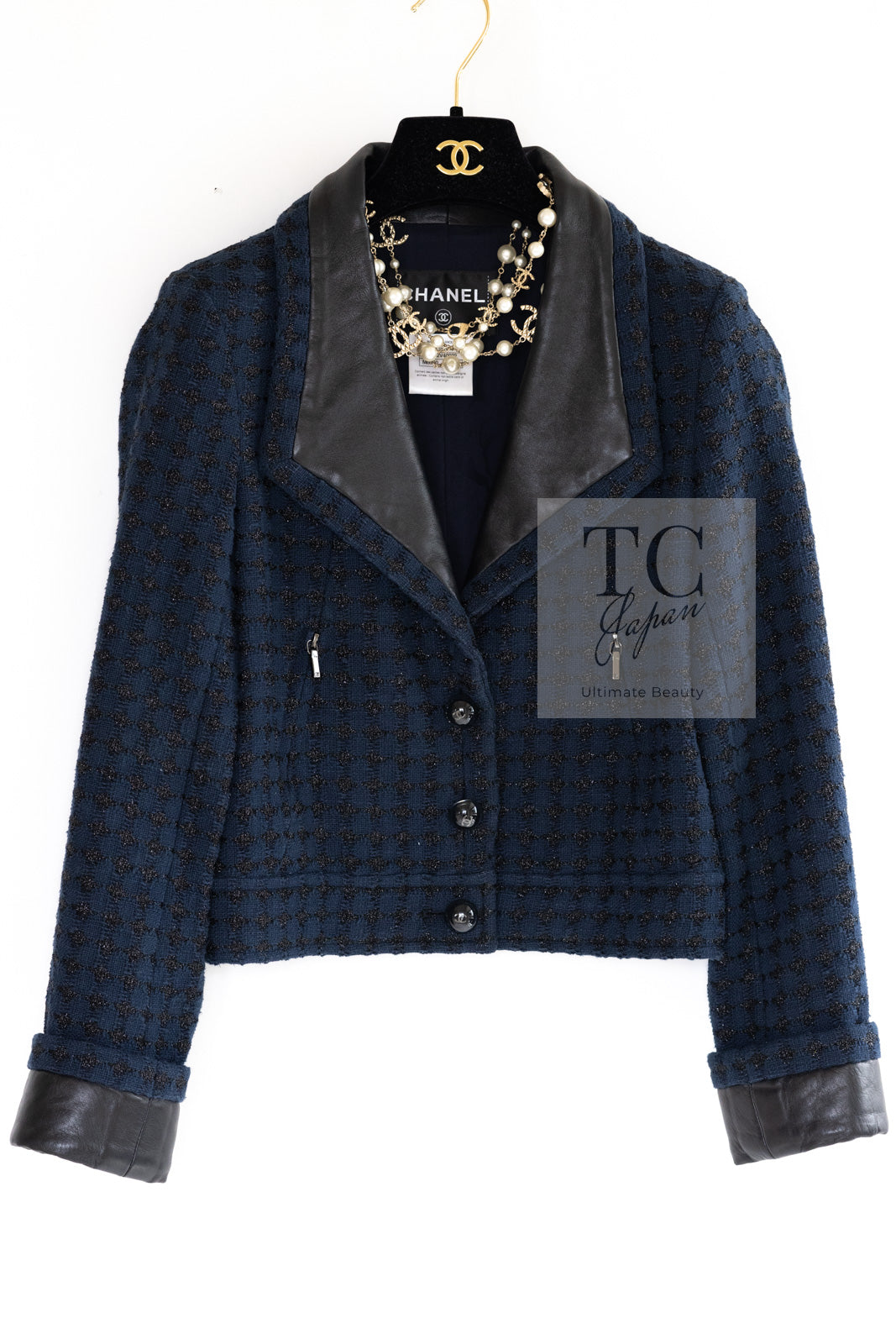CHANEL 16S Navy Black Leather Trim Cotton Tweed Jacket 34 36 シャネル ネイビー ブラック レザー襟 コットン ツイード ジャケット 即発