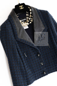 CHANEL 16S Navy Black Leather Trim Cotton Tweed Jacket 34 36 シャネル ネイビー ブラック レザー襟 コットン ツイード ジャケット 即発