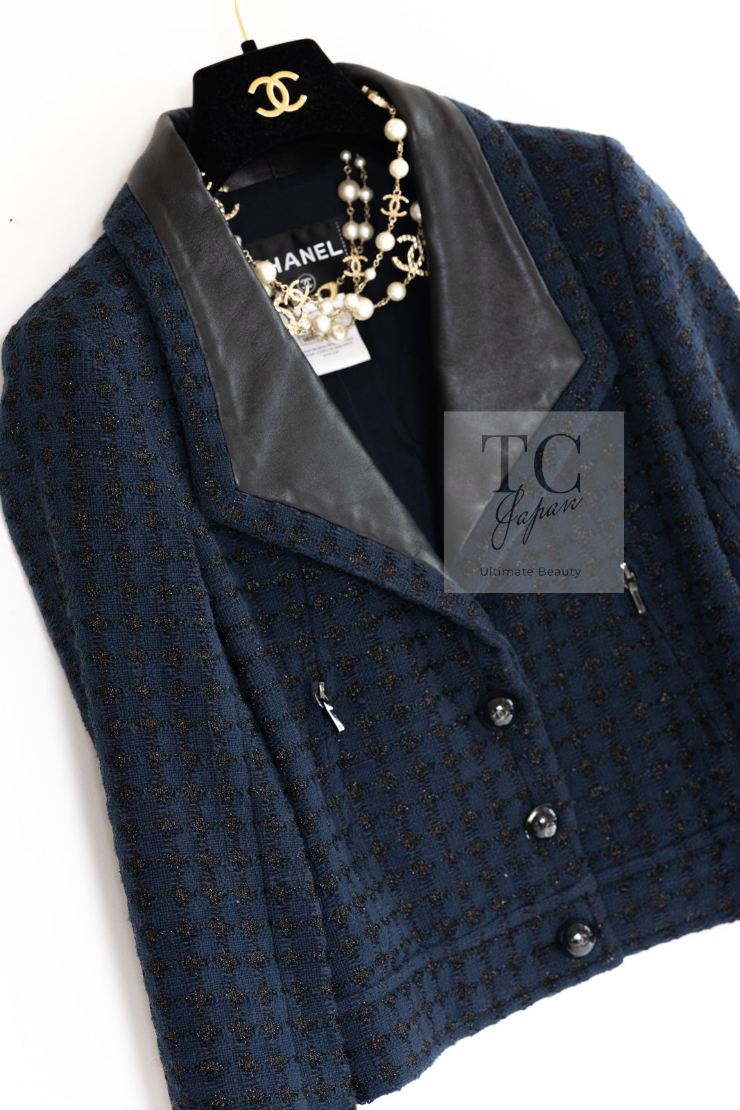 CHANEL 16S Navy Black Leather Trim Cotton Tweed Jacket 34 36 シャネル ネイビー ブラック レザー襟 コットン ツイード ジャケット 即発