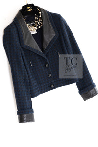 CHANEL 16S Navy Black Leather Trim Cotton Tweed Jacket 34 36 シャネル ネイビー ブラック レザー襟 コットン ツイード ジャケット 即発