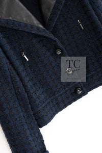 CHANEL 16S Navy Black Leather Trim Cotton Tweed Jacket 34 36 シャネル ネイビー ブラック レザー襟 コットン ツイード ジャケット 即発