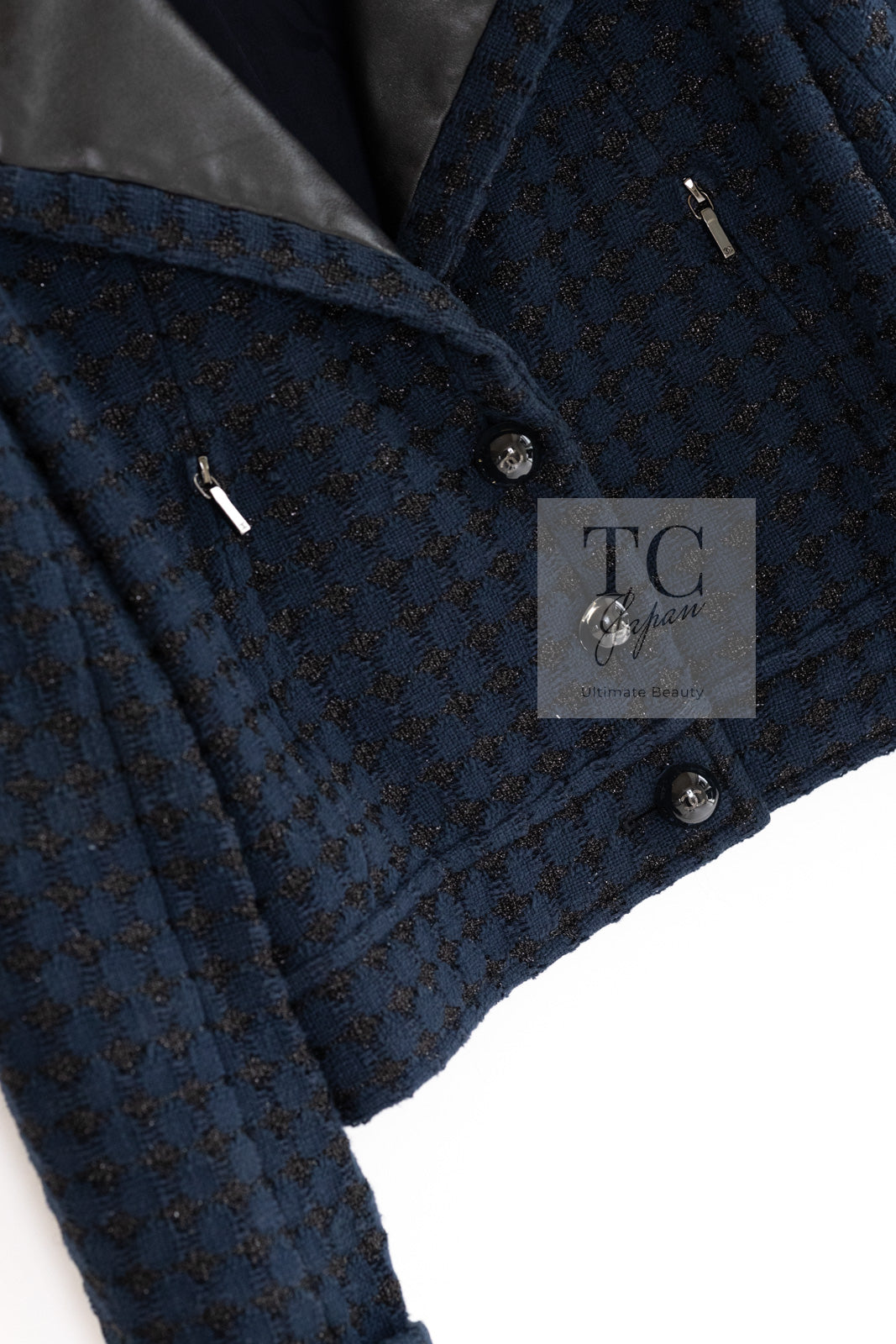 CHANEL 16S Navy Black Leather Trim Cotton Tweed Jacket 34 36 シャネル ネイビー ブラック レザー襟 コットン ツイード ジャケット 即発