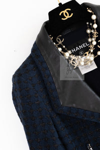 CHANEL 16S Navy Black Leather Trim Cotton Tweed Jacket 34 36 シャネル ネイビー ブラック レザー襟 コットン ツイード ジャケット 即発