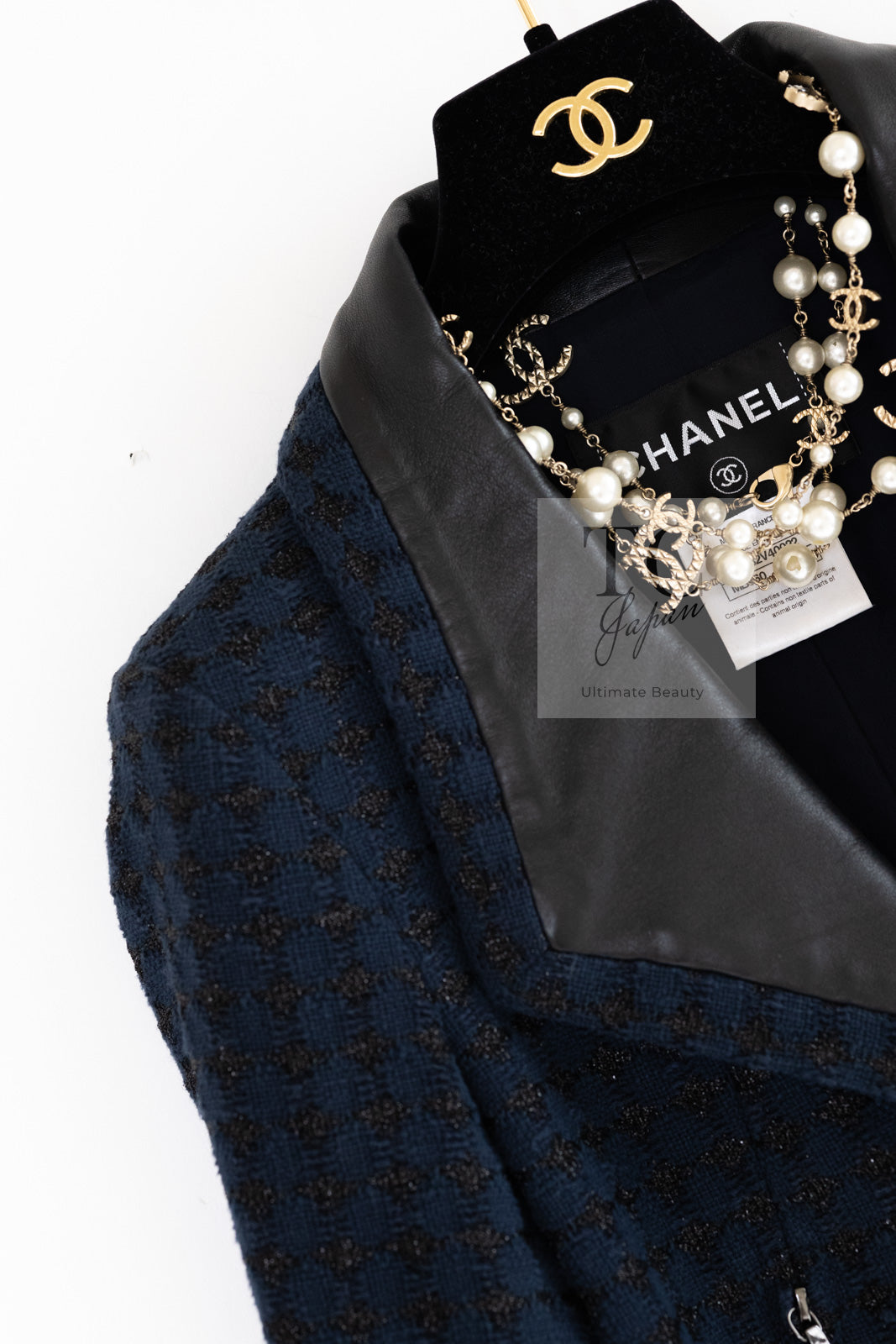 CHANEL 16S Navy Black Leather Trim Cotton Tweed Jacket 34 36 シャネル ネイビー ブラック レザー襟 コットン ツイード ジャケット 即発