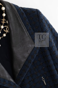 CHANEL 16S Navy Black Leather Trim Cotton Tweed Jacket 34 36 シャネル ネイビー ブラック レザー襟 コットン ツイード ジャケット 即発