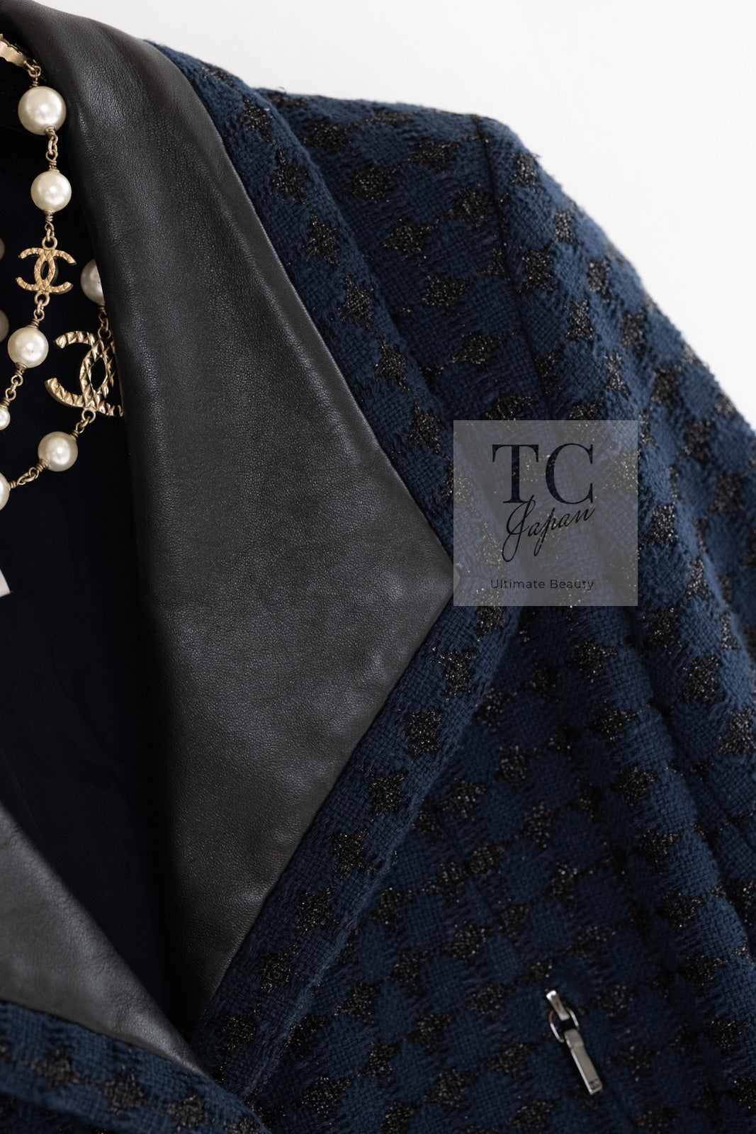 CHANEL 16S Navy Black Leather Trim Cotton Tweed Jacket 34 36 シャネル ネイビー ブラック レザー襟 コットン ツイード ジャケット 即発