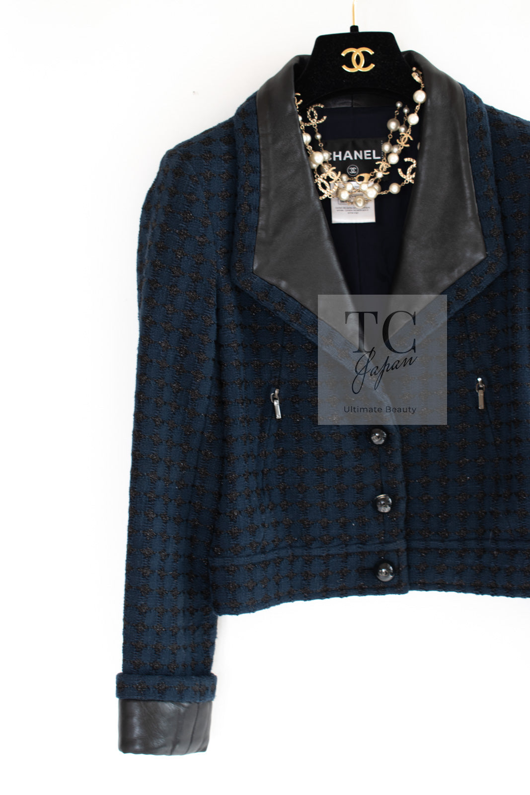 CHANEL 16S Navy Black Leather Trim Cotton Tweed Jacket 34 36 シャネル ネイビー ブラック レザー襟 コットン ツイード ジャケット 即発