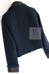 CHANEL 16S Navy Black Leather Trim Cotton Tweed Jacket 34 36 シャネル ネイビー ブラック レザー襟 コットン ツイード ジャケット 即発