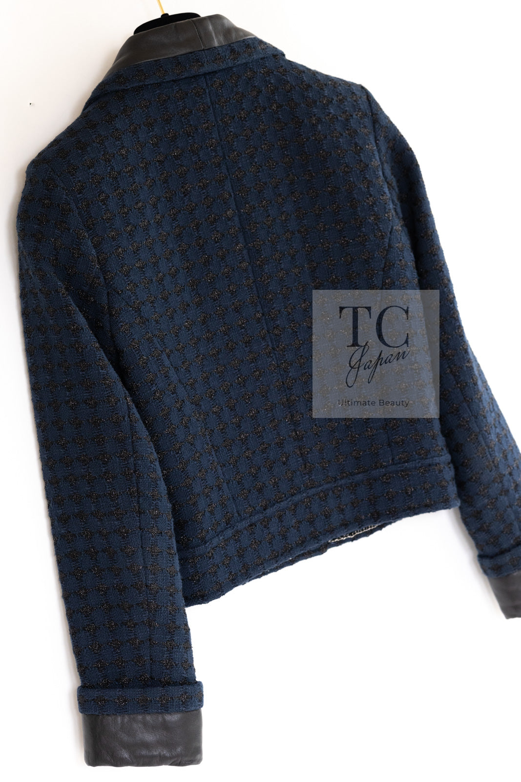 CHANEL 16S Navy Black Leather Trim Cotton Tweed Jacket 34 36 シャネル ネイビー ブラック レザー襟 コットン ツイード ジャケット 即発
