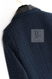 CHANEL 16S Navy Black Leather Trim Cotton Tweed Jacket 34 36 シャネル ネイビー ブラック レザー襟 コットン ツイード ジャケット 即発