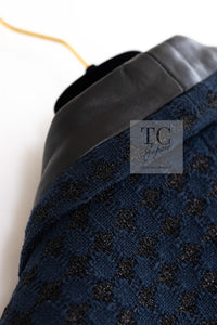 CHANEL 16S Navy Black Leather Trim Cotton Tweed Jacket 34 36 シャネル ネイビー ブラック レザー襟 コットン ツイード ジャケット 即発