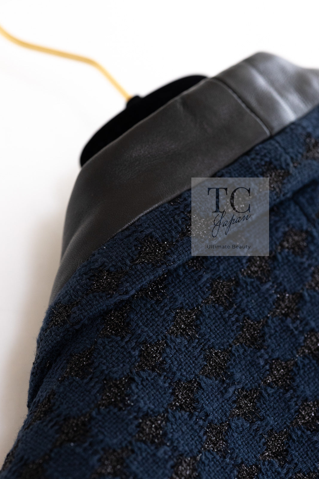 CHANEL 16S Navy Black Leather Trim Cotton Tweed Jacket 34 36 シャネル ネイビー ブラック レザー襟 コットン ツイード ジャケット 即発