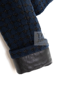 CHANEL 16S Navy Black Leather Trim Cotton Tweed Jacket 34 36 シャネル ネイビー ブラック レザー襟 コットン ツイード ジャケット 即発