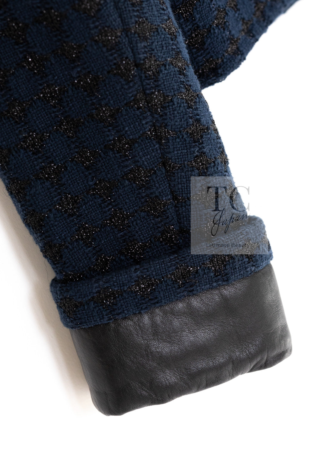 CHANEL 16S Navy Black Leather Trim Cotton Tweed Jacket 34 36 シャネル ネイビー ブラック レザー襟 コットン ツイード ジャケット 即発