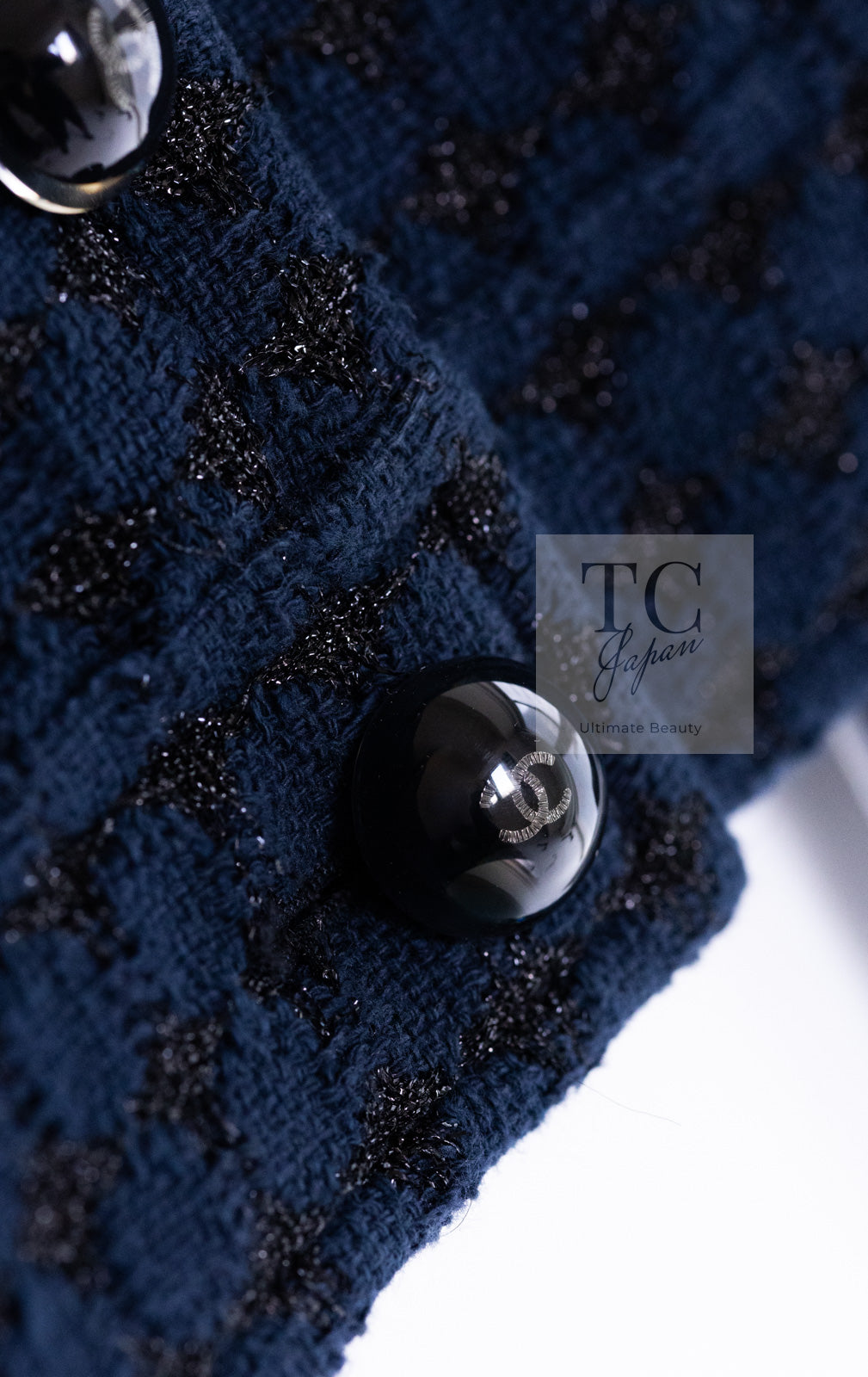 CHANEL 16S Navy Black Leather Trim Cotton Tweed Jacket 34 36 シャネル ネイビー ブラック レザー襟 コットン ツイード ジャケット 即発