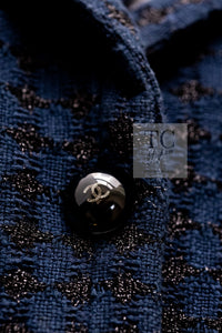CHANEL 16S Navy Black Leather Trim Cotton Tweed Jacket 34 36 シャネル ネイビー ブラック レザー襟 コットン ツイード ジャケット 即発