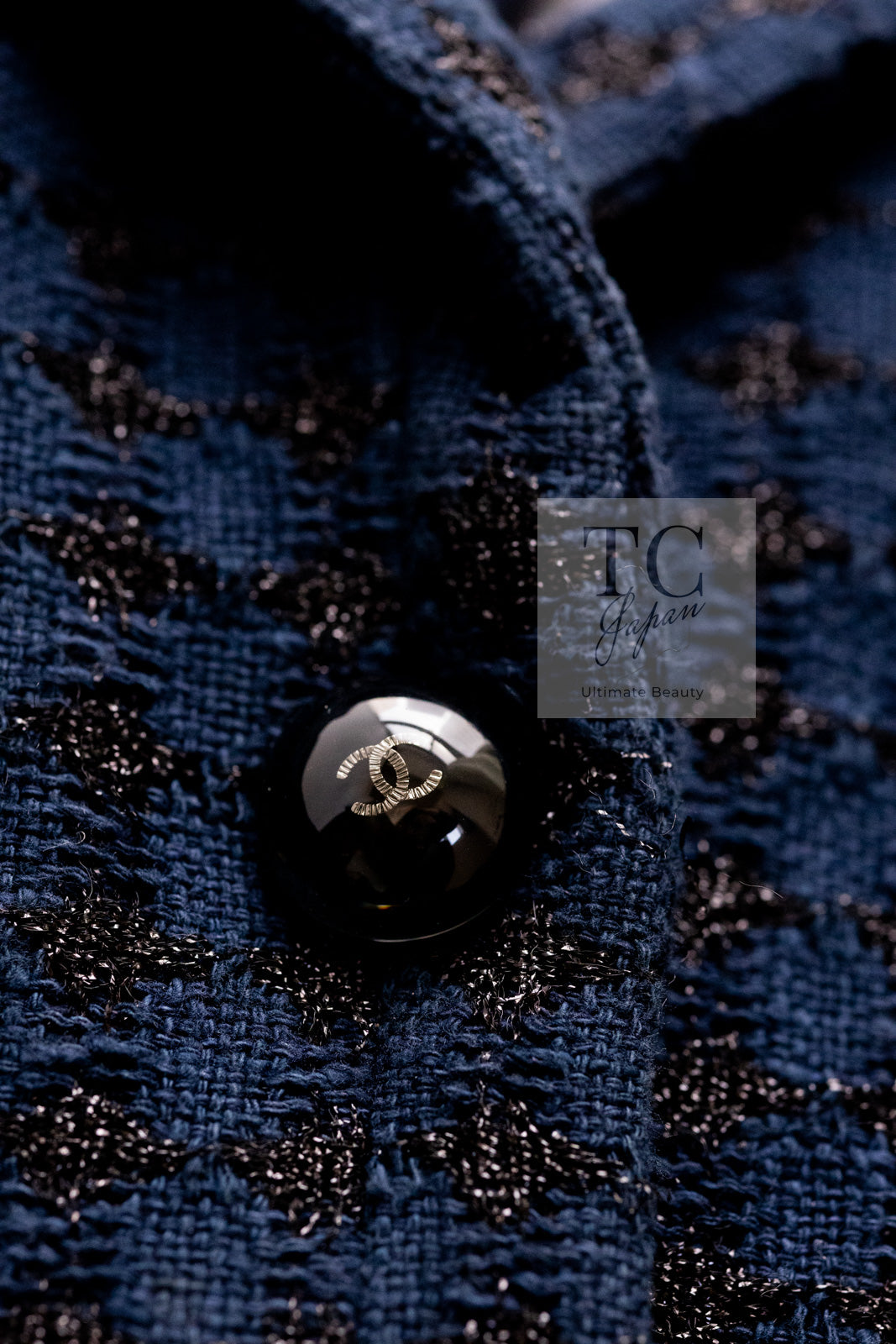 CHANEL 16S Navy Black Leather Trim Cotton Tweed Jacket 34 36 シャネル ネイビー ブラック レザー襟 コットン ツイード ジャケット 即発