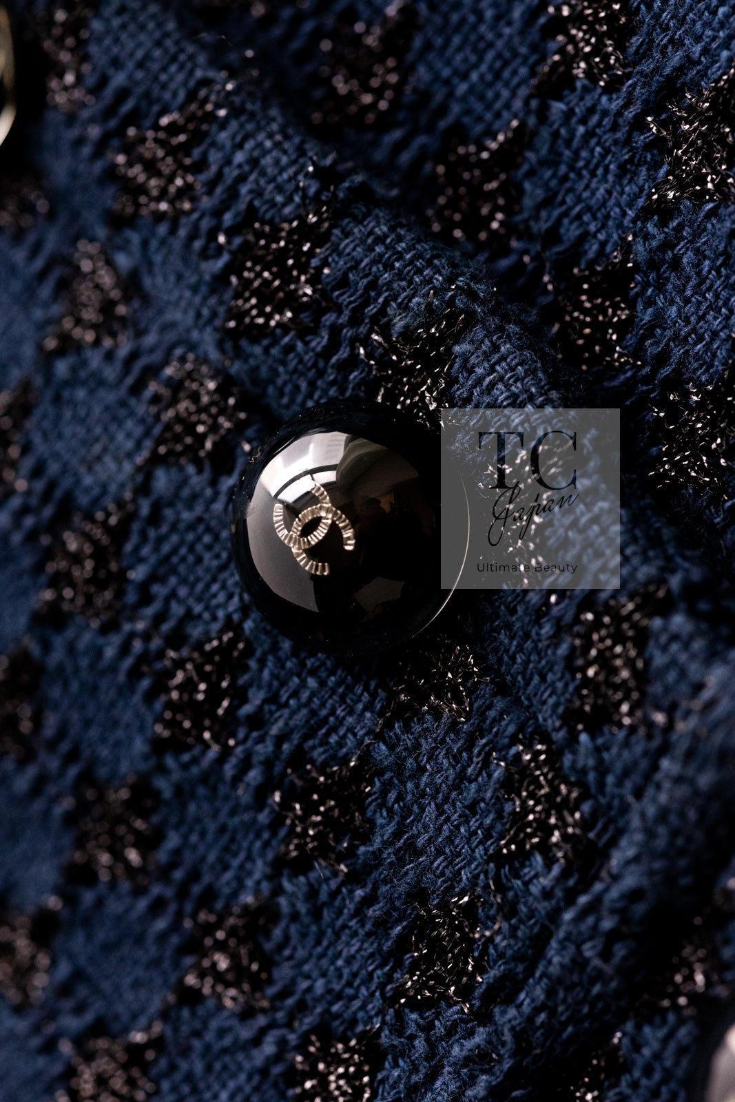 CHANEL 16S Navy Black Leather Trim Cotton Tweed Jacket 34 36 シャネル ネイビー ブラック レザー襟 コットン ツイード ジャケット 即発