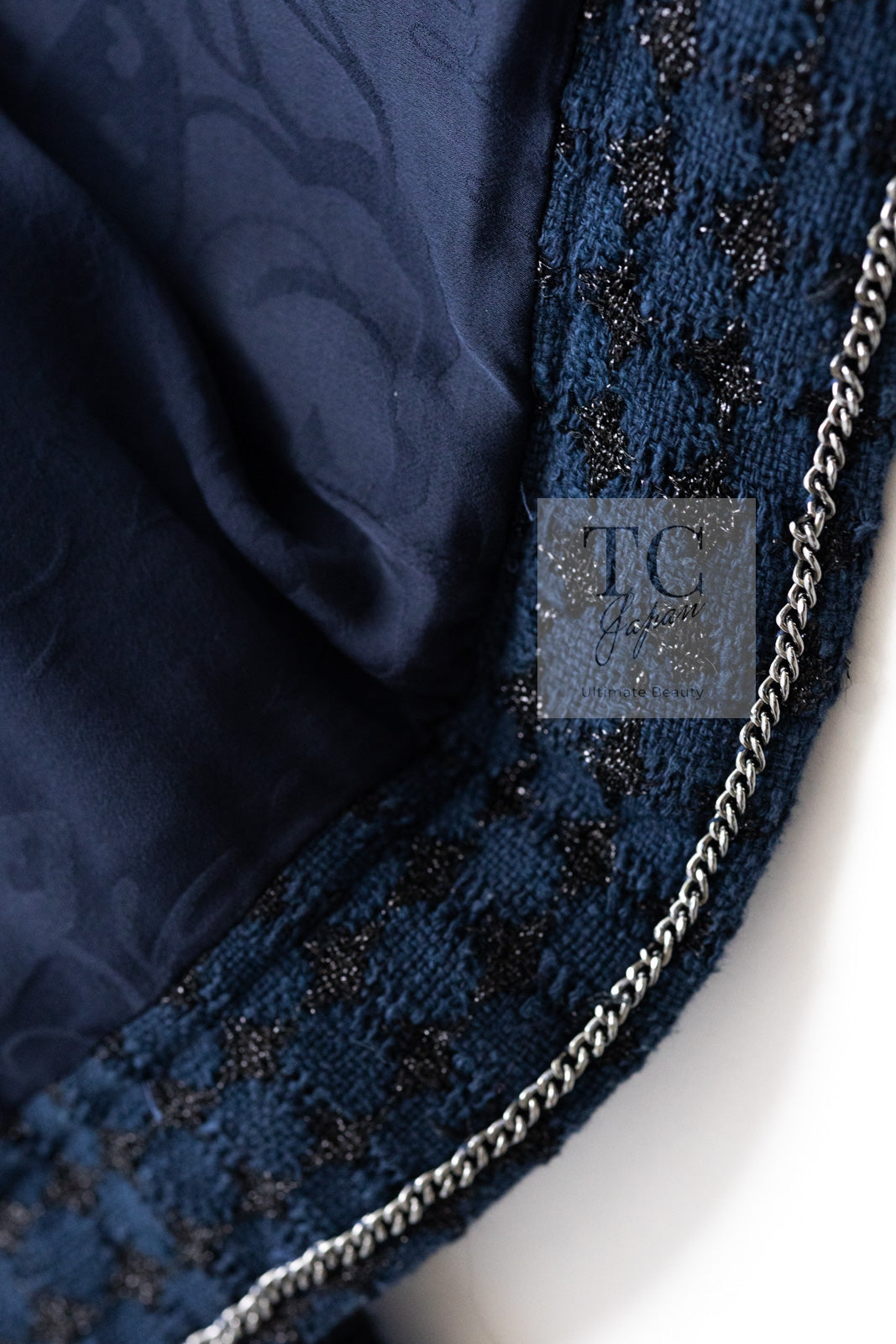 CHANEL 16S Navy Black Leather Trim Cotton Tweed Jacket 34 36 シャネル ネイビー ブラック レザー襟 コットン ツイード ジャケット 即発